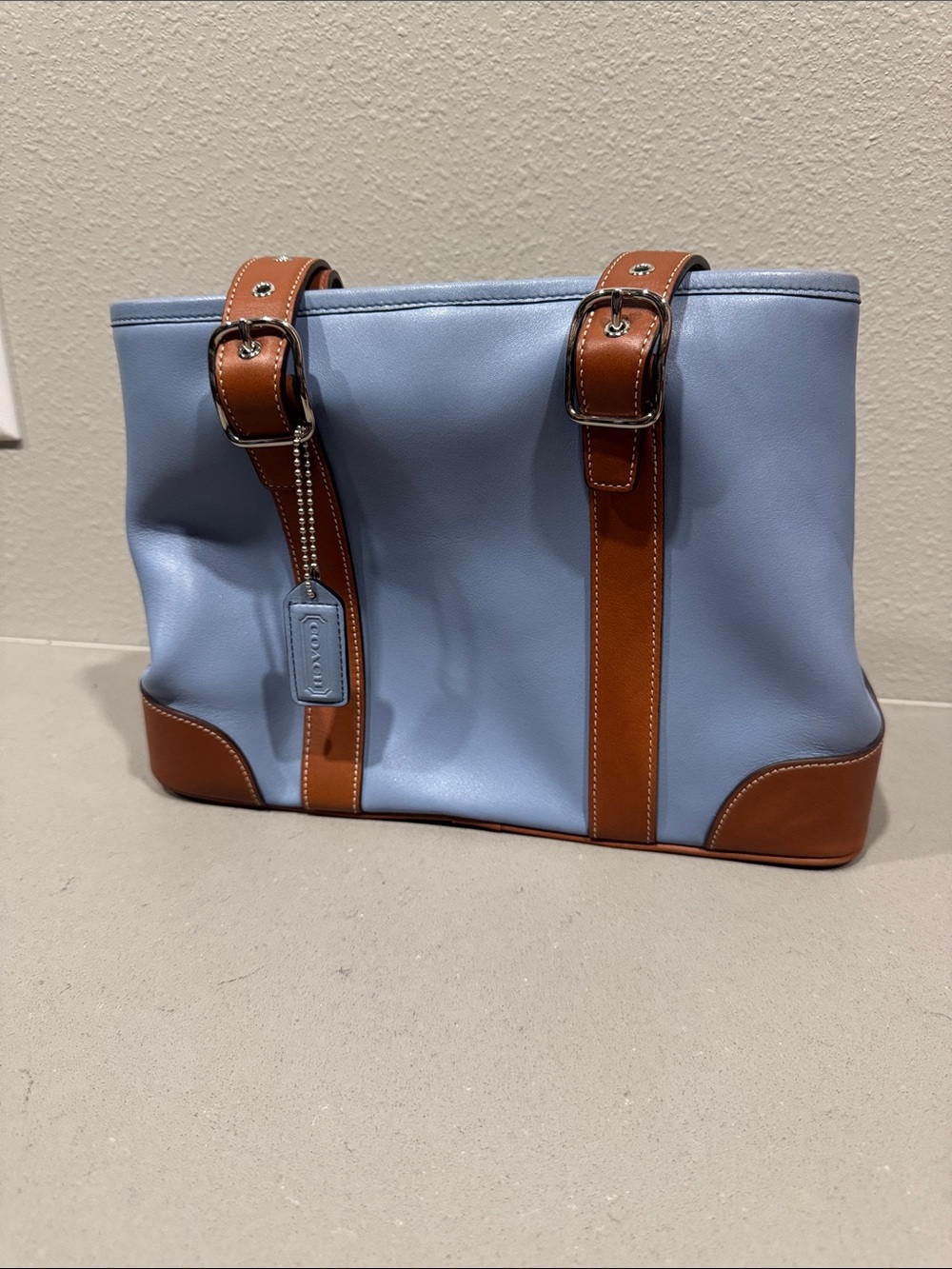 Coach Light Blue and Saddle Brown Leather Strap Tote